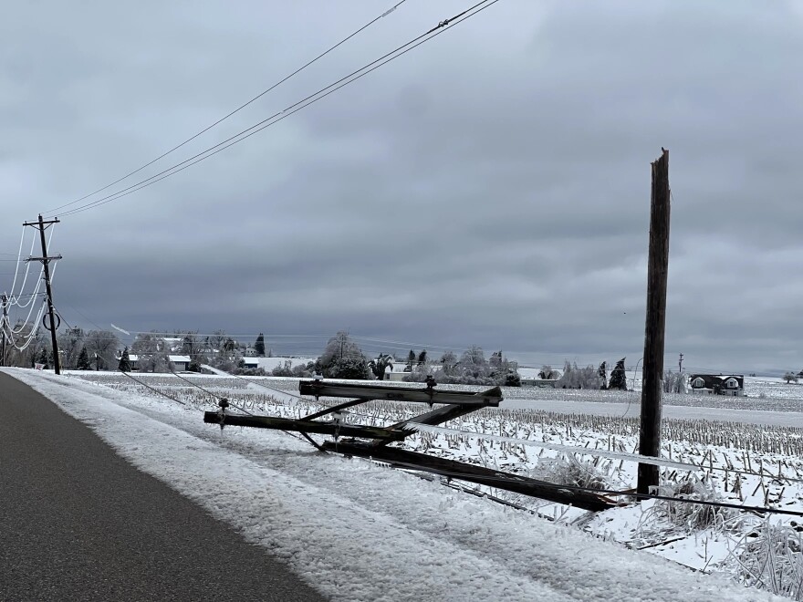 A snapped-off utility pole lays by the side of the road in Bear Creek Township on March 31, 2025. 