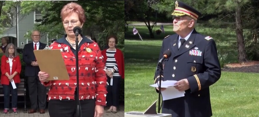 Cindy Suchan (left) chairs the Hudson Memorial Day Committee. She says that during a speech by retired Lt. Col. Barney Kemter (right), his discussion of what some historians call the first Memorial Day -- when about 3,000 black schoolchildren joined a ceremony to honor fallen Union soldiers -- was 'not relevant.'