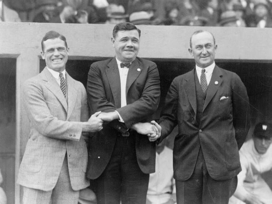 Baseball stars (from left) George Sisler, Babe Ruth and Ty Cobb watch the 1924 World Series. Cobb never played on a championship team, himself.