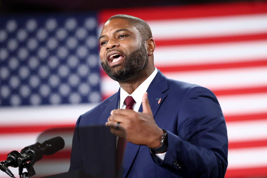 Florida Republican gubernatorial candidate Rep. Byron Donalds speaks during a campaign rally with Vice President JD Vance in Lakeland, Fla., Thursday, Oct. 1, 2026.
