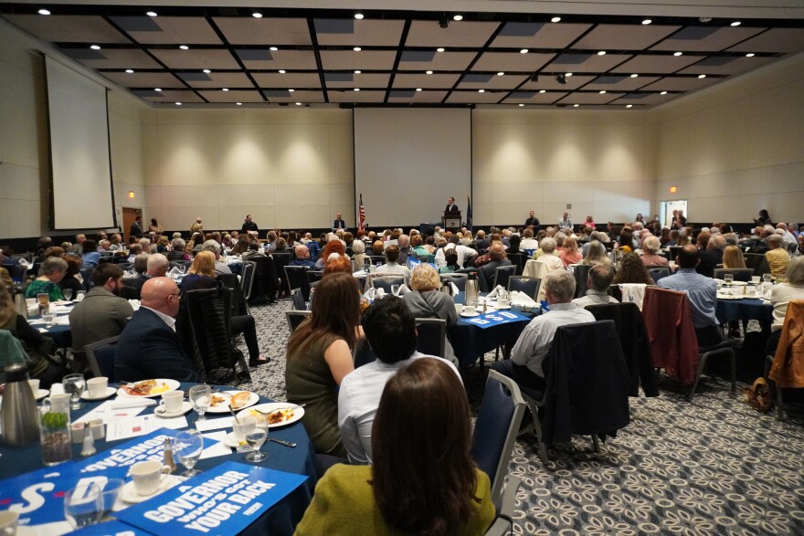 Hundreds of people attended Saturday morning's Centre County Democrat's Breakfast. Many people waved cutouts of Gov. Shapiro's face and campaign signs that read "A Governor Who's Got Your Back." 