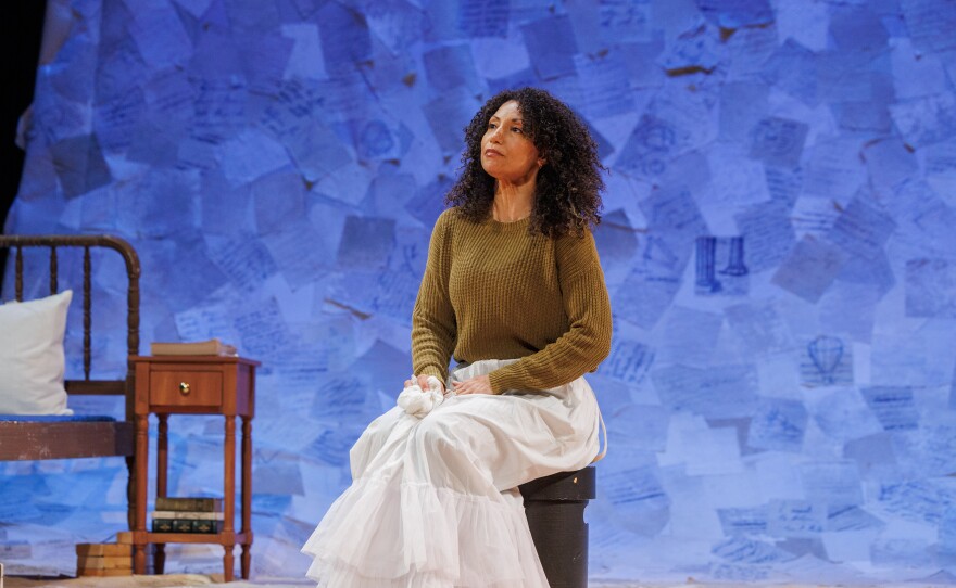 Sabrina Sloan stars as Sally Hemings during an open rehearsal of "Sally: A Solo Play," at the Wharton Center in East Lansing, Mich., on Feb. 10, 2026. The show is making its world premiere on Feb. 19, 2026.