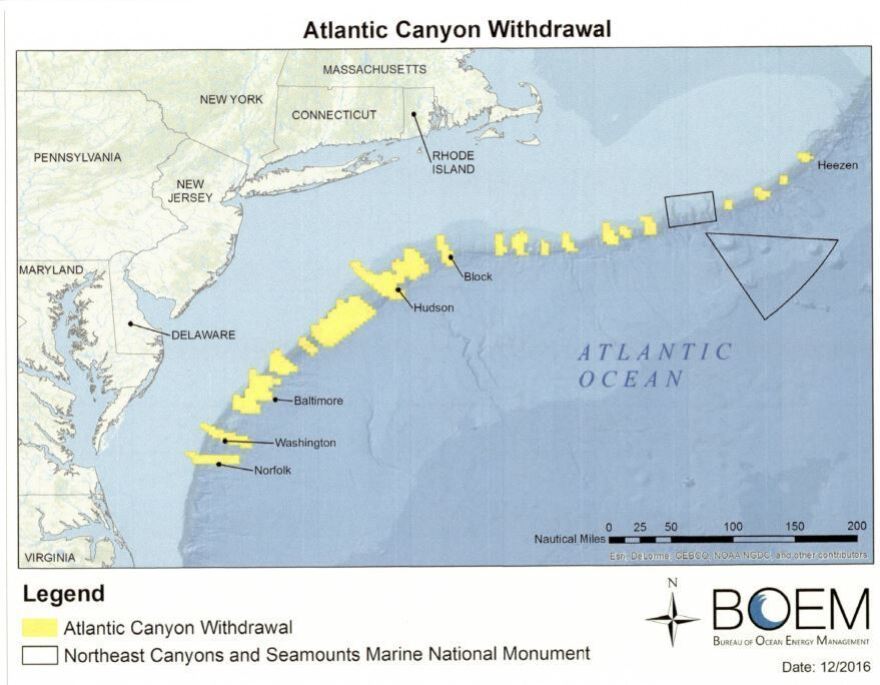 This map shows the Atlantic areas that have been designated off-limits to oil and gas explorations and development activity.