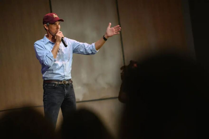  Texas gubernatorial candidate Beto O’Rourke speaks to a packed auditorium during a stop on his College Tour campaign at Texas State University on Oct. 5, 2022, in San Marcos. 