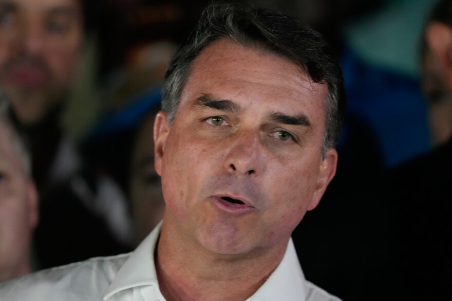 Opposition presidential candidate Sen. Flavio Bolsonaro speaks after the presidential runoff in Brasilia, Brazil, Sunday, Oct. 25, 2026.
