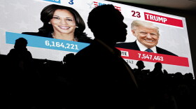 Howard University students watch live election results during a watch party near an election night event for Democratic presidential nominee Vice President Kamala Harris at Howard University in Washington. (AP Photo/Nathan Howard)