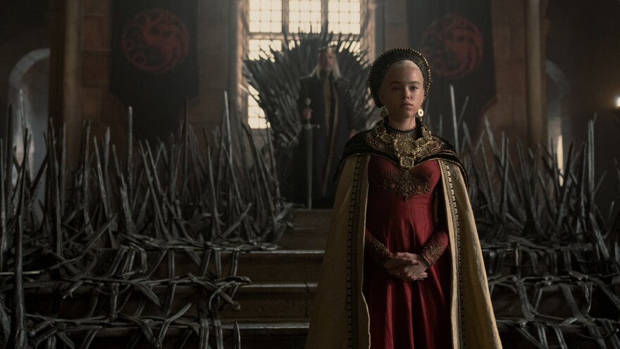 King Viserys (Paddy Considine) and Princess Rhaenyra (Milly Alcock) have a few points to make in <em>House of the Dragon.</em>