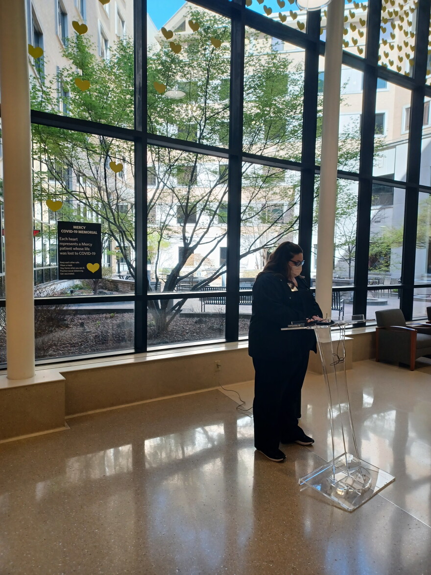 Nurse Wanda Brown speaks at the dedication of the COVID-19 Memorial at Mercy Springfield