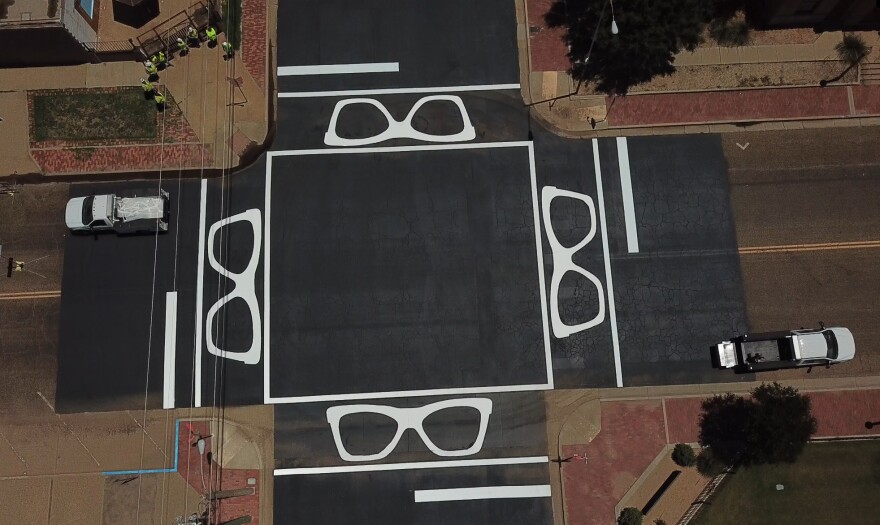 This photo provided by City of Lubbock on Friday, Nov. 14, 2025, shows the Buddy Holly Crosswalk in Lubbock, Texas. (City of Lubbock via AP)