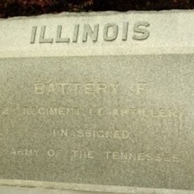 Monument marking the location from which Battery F, 2nd Illinois Light Artillery initially fought from 10 a.m. to 4 p.m. at the Battle of Shiloh, April 6, 1862. “ILLINOIS/BATTERY F/2ND REGIMENT LT. ARTILLERY/UNASSIGNED/ARMY OF THE TENNESSEE.”
