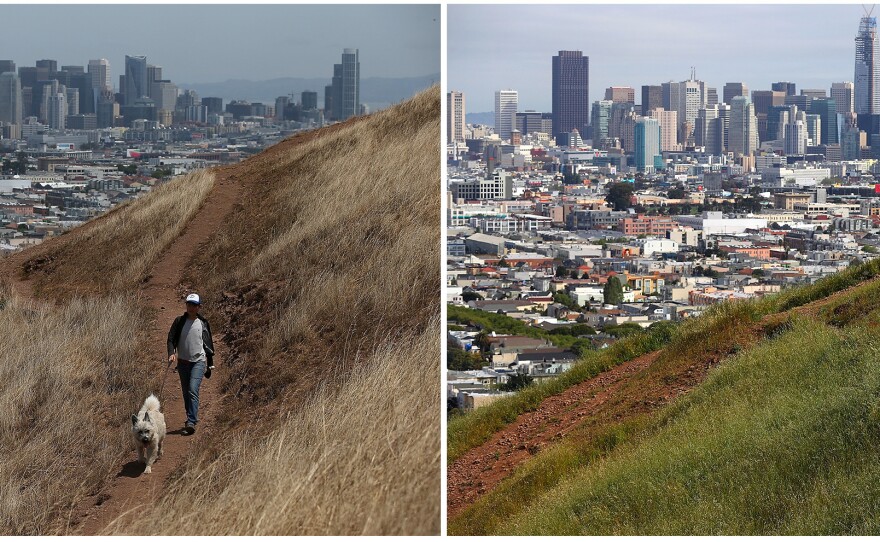 A dog walker on a dried section of Bernal Heights Park in 2014 in San Francisco (left). When Sullivan returned to the hillside this year, he was able to snap a photo of a woman walking her dog in almost the exact same spot.