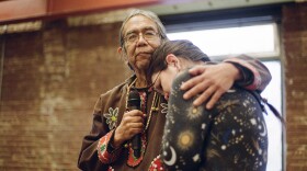 Lifelong cemetery caretaker Bob Sam (left) and his daughter Birdie Sam (right) at a March 9 ceremony to honor the souls of hundreds of Alaska Native people who died at a government-funded asylum throughout the 1900s. (Jenna Kunze/Native News Online)