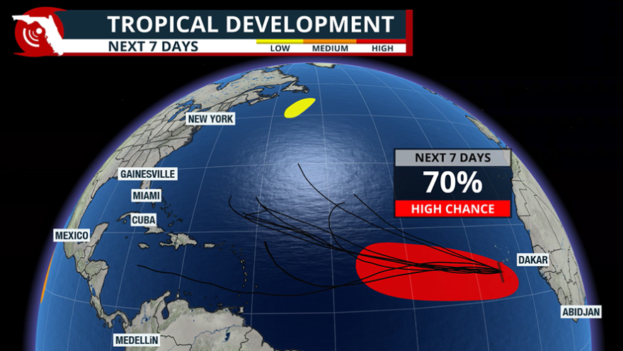 Tropical development chances across the Atlantic over the next 7 days.