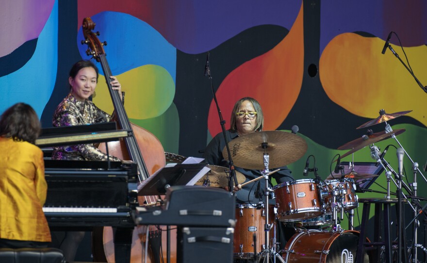 Terri Lyne Carrington performing with Linda May Han Oh and Kris Davis performing at the Monterey Jazz Festival