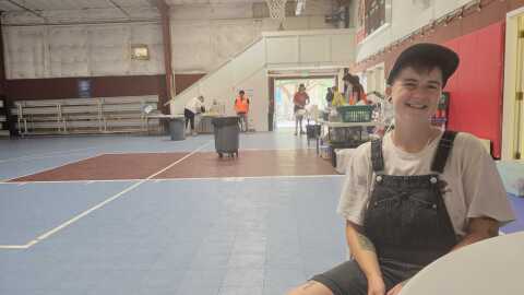Safe Space Shelter Operations Manager Marin Hambley sits in the cooling center at Hope Commons Church on July 14 in Chico, Calif.