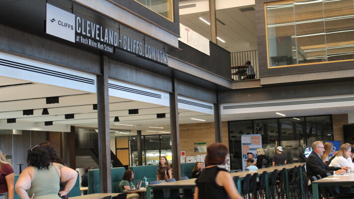 Parents, students and staff flow through the commons for orientation Aug. 27, 2026, at Rock Ridge High School in Virginia.
