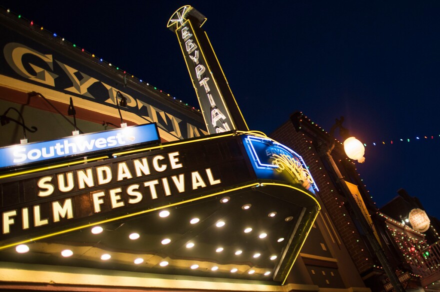 The marquee of the Sundance Film Festival lit up.