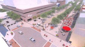 An artist's rendering of Court, looking to the northeast from Vine Street.
