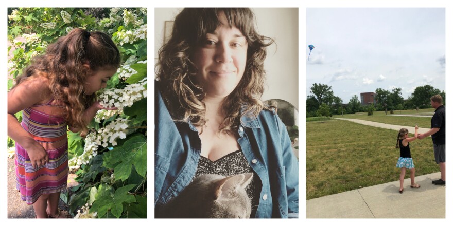 From left to right: A photograph of Nicole Derifield-West's niece to the left, herself, and niece flying a kite.