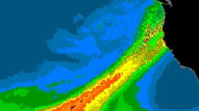 A satellite image shows how water gets channeled into a stream of moisture flowing toward the Northwest