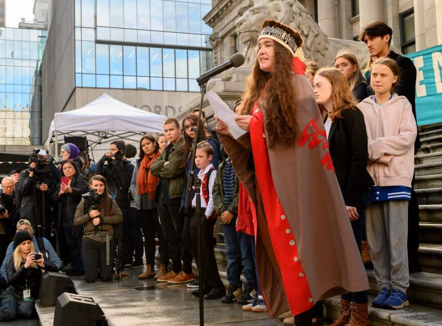 Haana Edenshaw speaks from the steps of the Vancouver Art Gallery in Vancouver, British Columbia, Oct. 25, 2019.