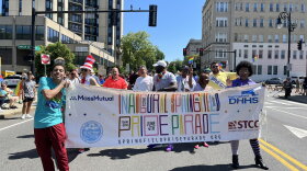 The first-ever Pride parade in Springfield, Massachusetts, makes its way toward downtown on Saturday, June 4, 2022.