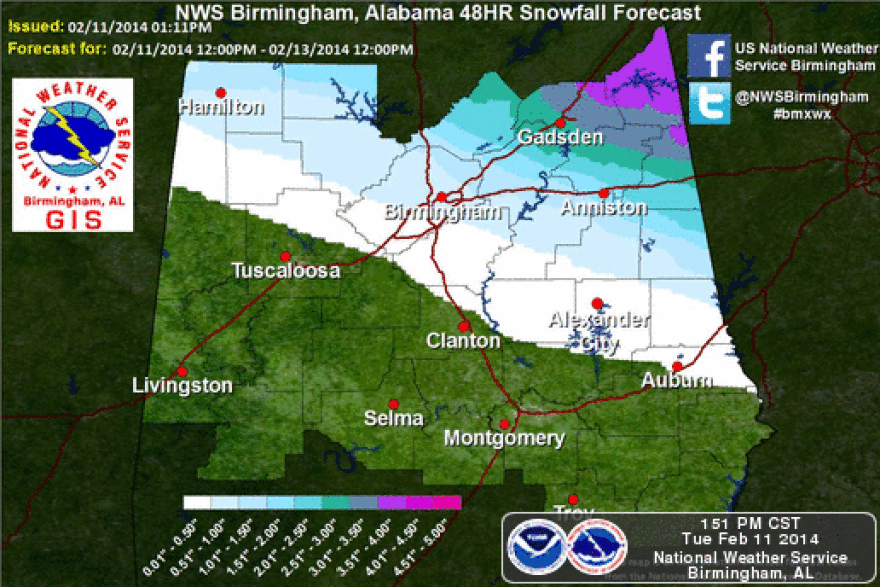 Forecasters say parts of north Alabama could receive as much as 8 inches of snow on top of 6 inches that already has fallen.