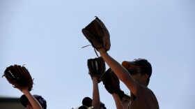 A few fans hold their hands up to catch a ball. They are wearing baseball mitts. 
