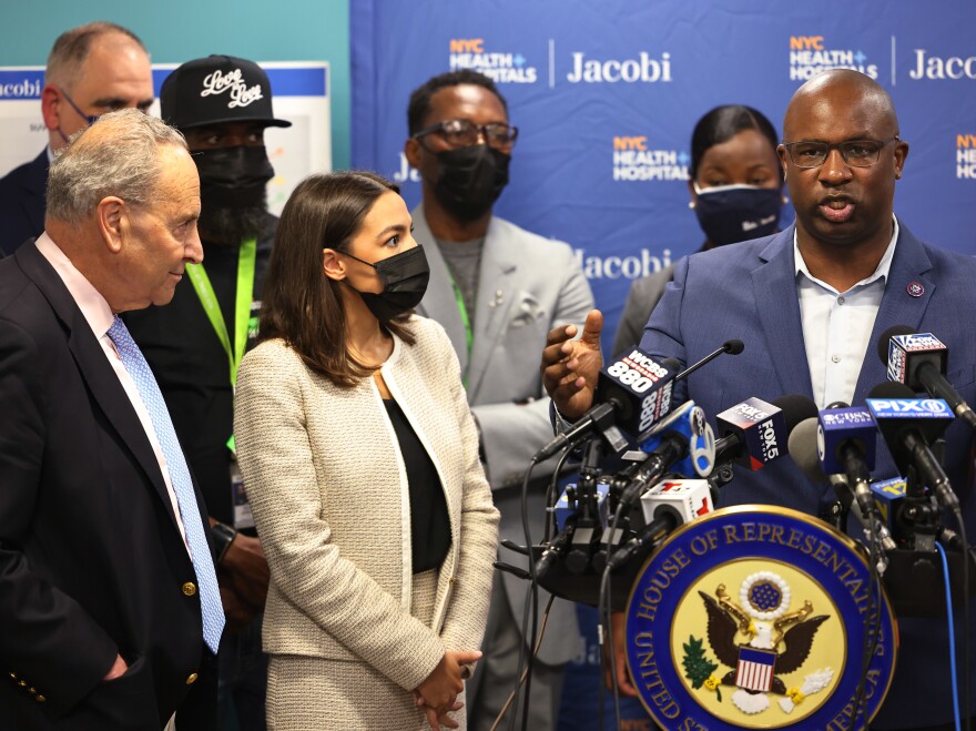 Rep. Jamaal Bowman, D-N.Y., answers a question during a press conference on June 3 at Jacobi Hospital in the Bronx borough of New York City. Senate Majority Leader Chuck Schumer and Rep. Alexandria Ocasio-Cortez held a press conference along with Bowman urging Congress to provide $400,000 to a youth violence reduction program run by the hospital, after a series of shootings across New York City.