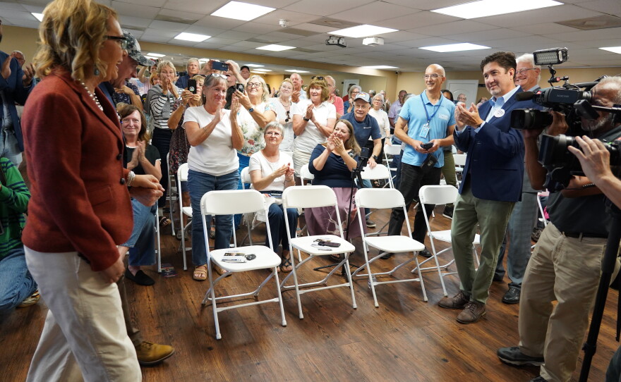 Possible 2028 Democratic presidential candidate Arizona U.S. Sen. Mark Kelly and his wife, Gabby Giffords, spoke with voters in Mauldin, S.C., on Friday, Oct. 2, 2026.