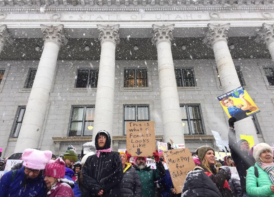 Protestors gathering for the Salt Lake City Women's March in 2017.