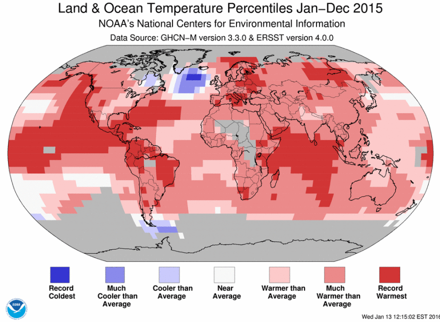 Land and sea temperatures were above average in most parts of the world in 2015, as seen in this graphic from NOAA.