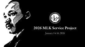 Black-and-white graphic featuring a stylized profile illustration of a civil rights leader on the left, with the University of Louisiana Monroe seal and the text “2026 MLK Service Project” and “January 14–16, 2026” on a black background.