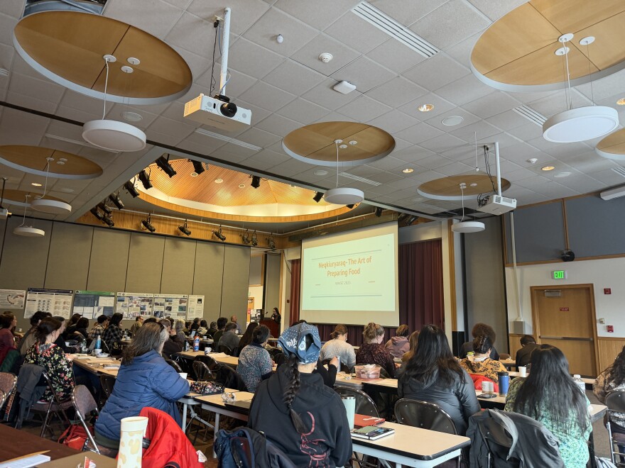 Joseph Warren presents on public opinion on fisheries policy on the Y-K Delta at the Western Alaska Interdisciplinary Conference in Bethel, Alaska on April 7, 2026.