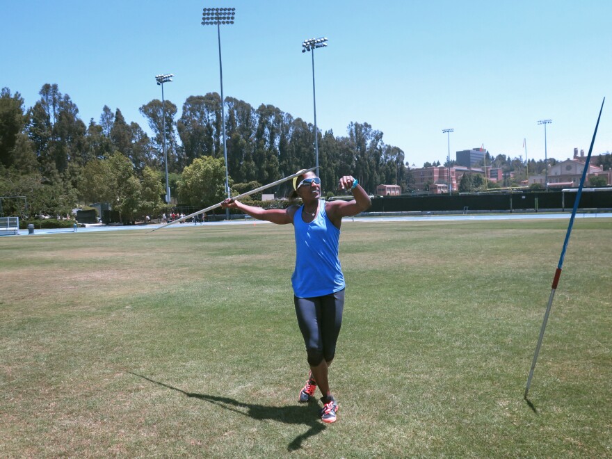 Sharon Day-Monroe practices the javelin, one of the seven events that make up the heptathlon, at UCLA's Drake Stadium, in Los Angles, in June. "No matter what the workout is, I always get a sick feeling in the pit of my stomach," Day-Monroe says.