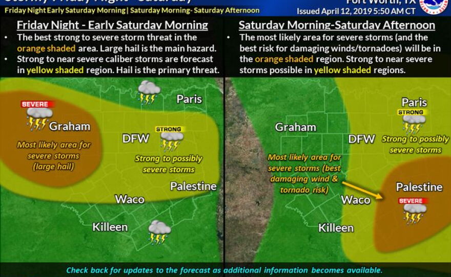 Severe thunderstorms are expected west of DFW overnight and Saturday morning, while severe storms are expected west of I-35 and south of I-20 Saturday afternoon and evening.