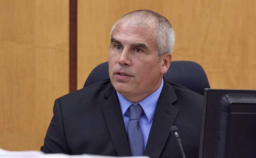 Pierce County Sheriff deputy Lt. Byron Brockway, lead investigator in the death of Manuel Ellis, testifies during the trial of Tacoma Police officers accused in the death of Ellis held at Pierce County Superior Court, Thursday, Oct. 26, 2023, in Tacoma, Wash. Officers Christopher Burbank, Matthew Collins and Timothy Rankine are charged.