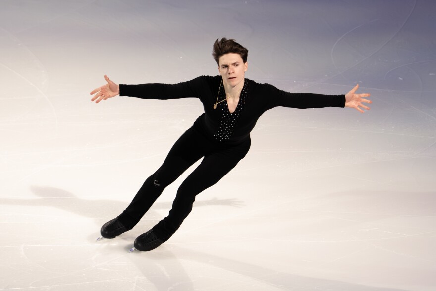 Maxim Naumov performs in exhibition after being named to the 2026 U.S. Olympic Figure Skating Team at the Enterprise Center on Sunday, Jan. 11, 2026, in St. Louis’ Downtown West neighborhood.