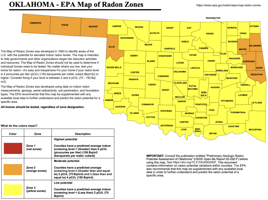 A map of radon zones in Oklahoma, developed by the U.S. Environmental Protection Agency.
