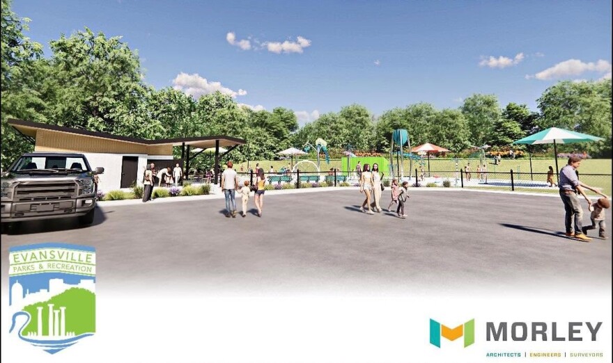 A rendering of a planned splash pad in Evansville's Igleheart Park