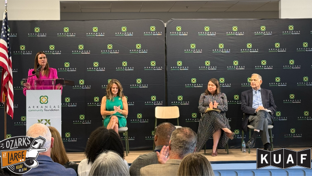 Governor Sarah Huckabee Sanders speaks during the a press conference at the Springdale Senior Center on Sept. 25, 2026. She joined (from left) Arkansas Community Foundation CEO Jessica Ford, Walmart Foundation President Julie Gehrki and U.S. Senator John Boozman for the launch of a grant program aimed at addressing food insecurity.