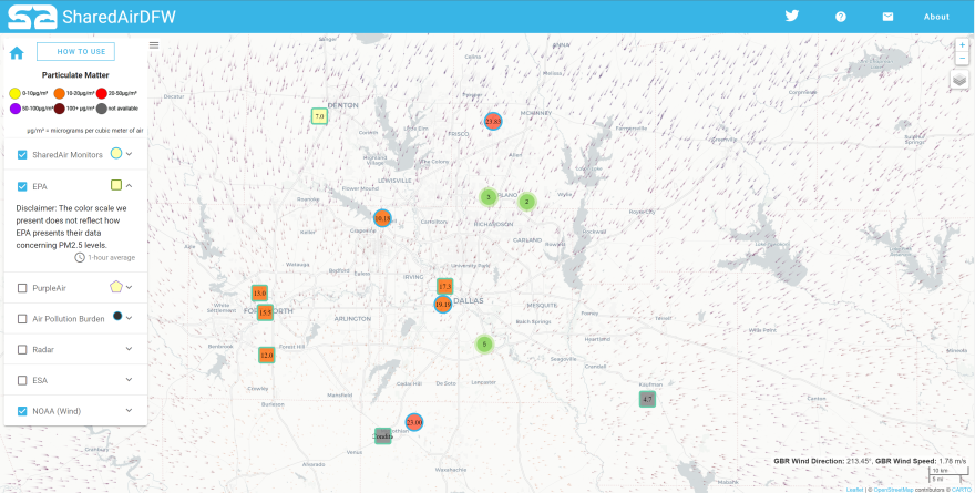 The SharedAirDFW air quality dashboard combines their own sensor network, the EPA regional monitors and a network of other sensors. The group notes the color scheme used for the dashboard differs from what the EPA uses.