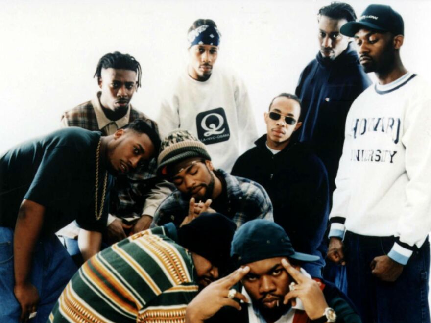 The Wu-Tang Clan. Clockwise from left: Ol' Dirty Bastard, the GZA, the RZA, Inspectah Deck, Masta Killa, Raekwon and Ghostface Killah. Center, from left, Method Man and U-God.