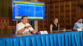 Gov.Andrew Cuomo gives a daily briefing on the coronavirus at the State Capitol on Saturday.