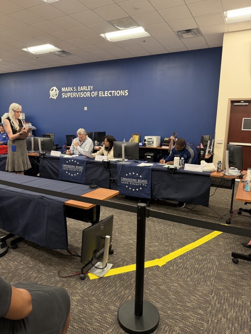 The Leon County Canvassing Board deliberates over ballots during a manual recount for the City Commission Seat 3 race.