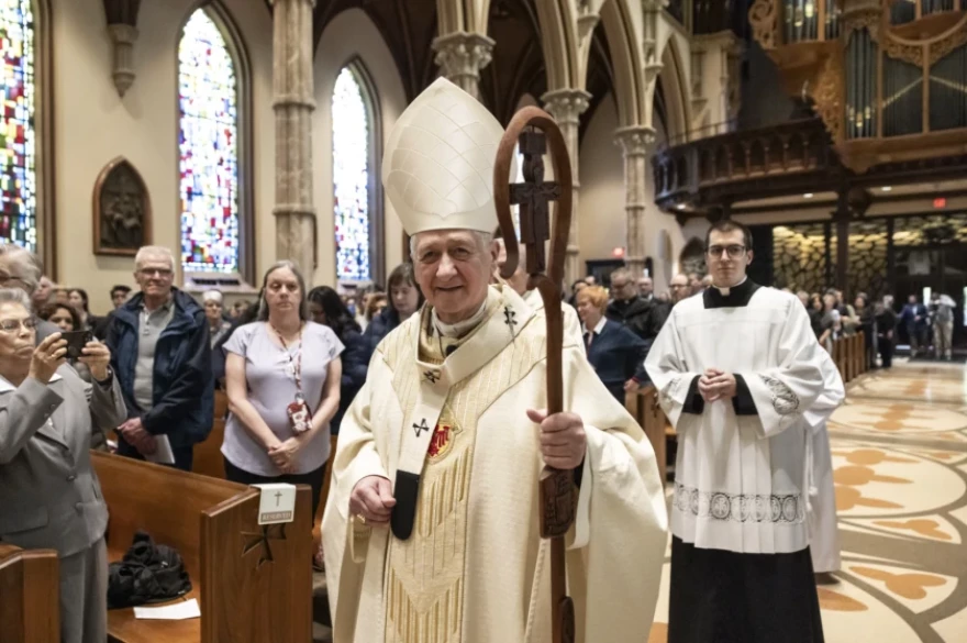 Cardinal Blase Cupich is shown presiding over a service for Pope Francis at Holy Name Cathedral in April.