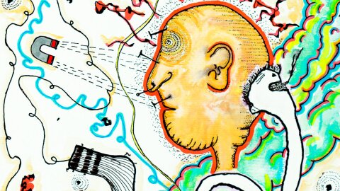 Album cover of Nervous Verbs - Moments of Riot depicting a strange head surrounded by random objects.