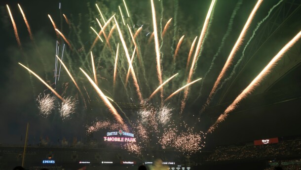 Fireworks display at T-Mobile Park after a baseball game.