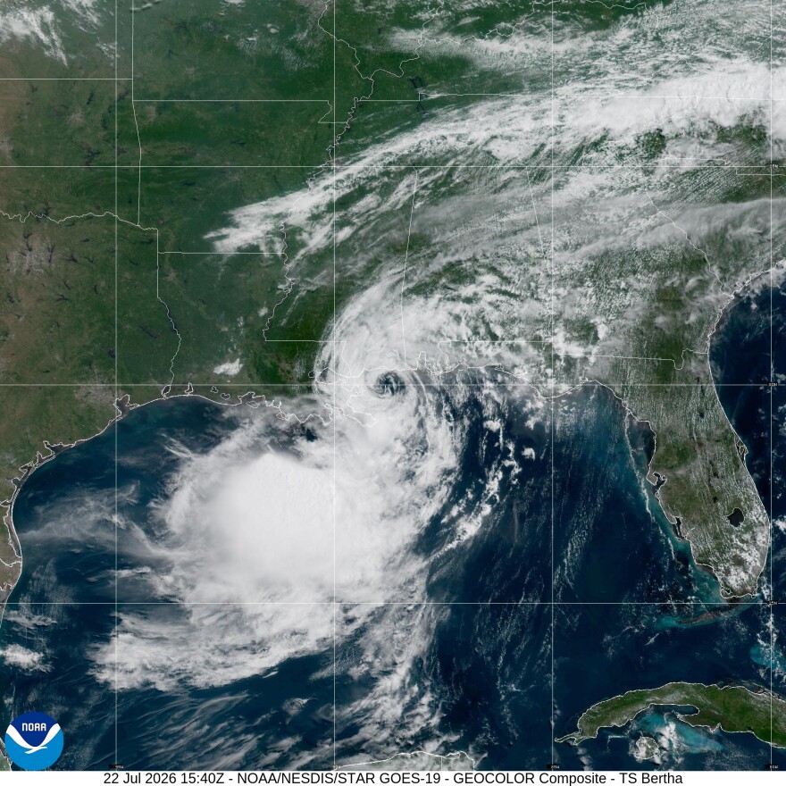This NOAA satellite image taken at 11:40 a.m. EDT on Wednesday, July 22, 2026, shows Tropical Storm Bertha in the Gulf of Mexico moving toward the edge of Louisiana.