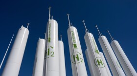 Hydrogen storage tanks are visible at the Iberdrola green hydrogen plant in Puertollano, central Spain, March 28, 2023.